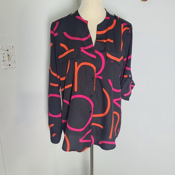 Calvin Klein Stylish Black Buttondown w/Pink & Orange Abstract Print, Sz Medium - Picture 1 of 11